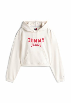 Sudadera corta color crema con bolsillo delantero, con el logotipo bordado en rojo "TOMMY JEANS", capucha con cordón y puños acanalados.