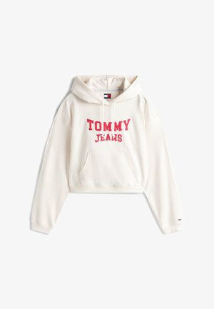 Sudadera corta color crema con bolsillo delantero, con el logotipo bordado en rojo "TOMMY JEANS", capucha con cordón y puños acanalados.