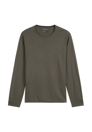 T-shirt à manches longues en coton vert olive, présentant un col rond et un logo discret sur la poitrine. Texture lisse et légère.