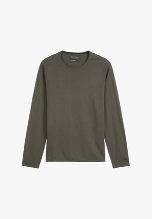 T-shirt z długim rękawem w oliwkowym kolorze bawełny, z okrągłym dekoltem i subtelnym logo na piersi. Gładka, lekka tekstura.