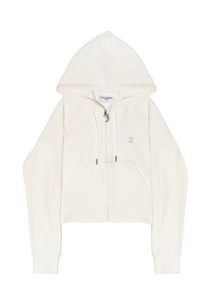 Felpa corta color crema con zip frontale, tasche, cappuccio con coulisse e piccolo logo ricamato sul petto sinistro.