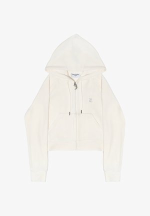 Felpa corta color crema con zip frontale, tasche, cappuccio con coulisse e piccolo logo ricamato sul petto sinistro.