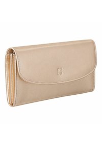 Portafoglio in pelle beige con una texture liscia, flap ripiegabile, logo in rilievo e diversi scomparti per carte lungo i bordi interni.