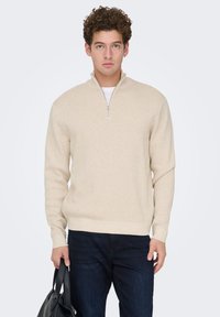 Beige zip-up sweater with a soft texture and long sleeves, paired with dark jeans. Model holds a black bag, standing against a light background.