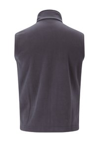 Grå fleecevest med høj krave, ærmeløs design og glat tekstur, der har en ren ryg uden synlige lukninger eller detaljer.