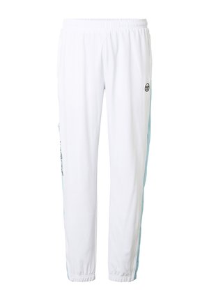 Pantalones deportivos blancos con franjas laterales azul claro, cintura y puños elásticos, y un pequeño logo negro en el muslo derecho.