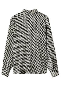 Schwarz-weiße karierte Bluse mit langen Ärmeln und Kragen, mit einem geometrischen Muster und geknöpften Manschetten. Glatte Textur.