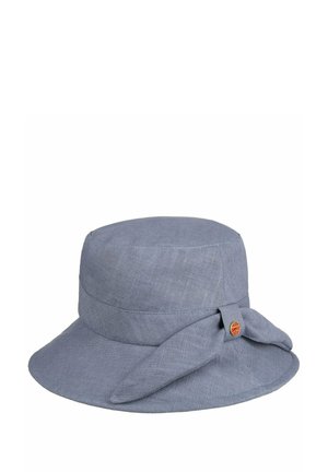Light blue fabric bucket hat with a wide brim and decorative knot on the side secured by a small round metal emblem.