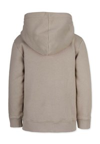 Beige hoodie med en texturerad tyg, har en stor huva, ribbade ärmslut och en rak fåll. Bakifrån visas rena linjer utan dekorationer.