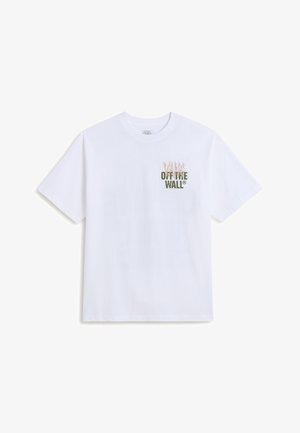 White short-sleeve t-shirt with small green and pink "Vans Off The Wall" logo on the left chest.