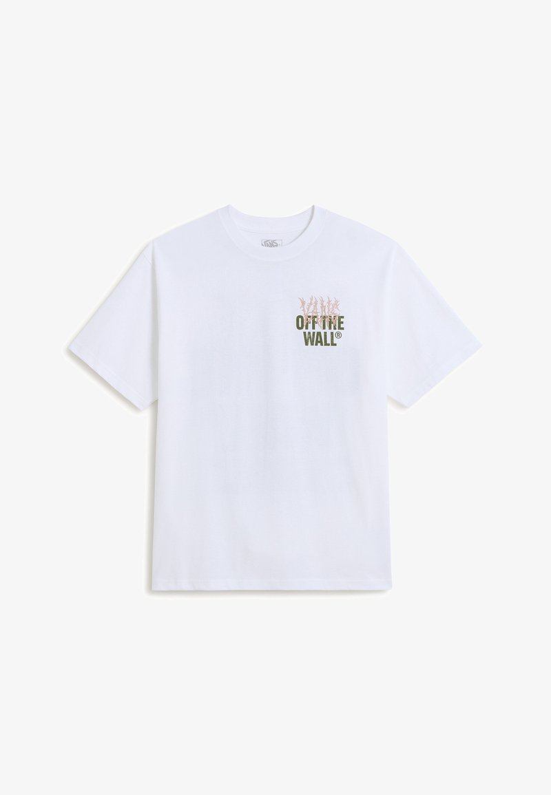 Hvid t-shirt med korte ærmer med et lille grønt og rosa "Vans Off The Wall" logo på venstre bryst.
