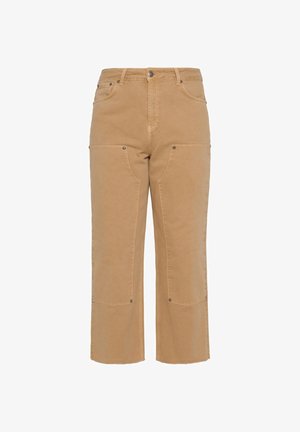 Pantaloni color cammello a gamba dritta con vita alta, tasche applicate frontali e laterali, e chiusura con bottone in vita.