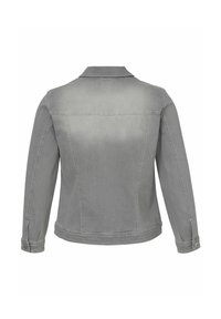 Grijze denim jacket met lange mouwen, achterpand en knoopmanchetten. Kenmerkt zich door een vervaagde afwerking en contrasterende stiklijnen.