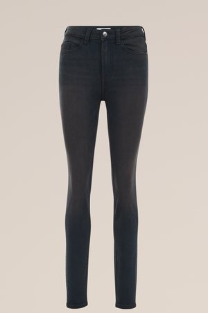 Donkerblauwe skinny jeans van denim met een gladde textuur. Heeft vijf zakken, een voorste knoop en een ritsluiting.