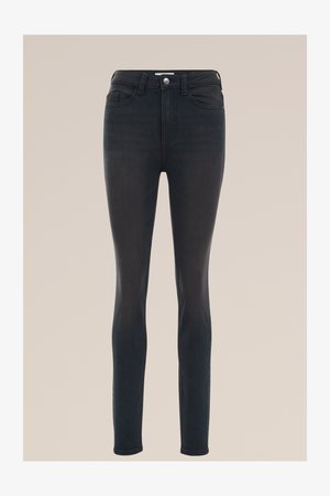 Donkerblauwe skinny jeans van denim met een gladde textuur. Heeft vijf zakken, een voorste knoop en een ritsluiting.