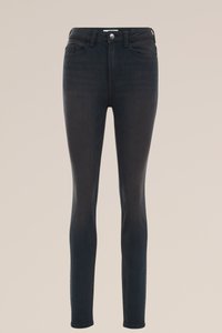 Temno modri usnjeni skinny jeans z gladko teksturo. Imajo pet žepov, sprednji gumb in zadrgo za zapiranje.