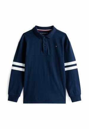 Polo à manches longues bleu marine avec un plastron à trois boutons, rayures blanches sur les manches et petit logo sur la poitrine. Matière en coton doux, coupe décontractée.