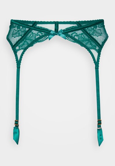 Teal blonderem belt med blomstermønster, justerbare stropper, satengsløyfer, bølgete kanter og gullfargede detaljer.