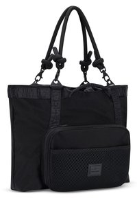 Black tote bag made of fabric with a textured surface, featuring dual rope handles, a front zip pocket, and logo detailing on the straps.