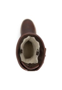 Bruine leren laars met een zachte, beige bontvoering aan de binnenkant. Heeft een ronde neus en een opgerolde bovenkant met twee decoratieve metalen accenten.