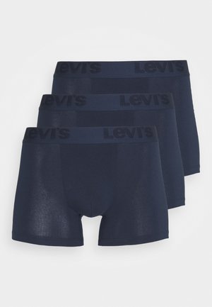 Navy blue cotton boxer briefs with a smooth texture, featuring a branded elastic waistband. Pack of three, uniform design with no patterns.