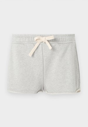 Pantaloni scurți gri din bumbac, cu talie elastică și șnur, având o textură netedă și un design simplu. Marginile inferioare sunt ușor curbate.