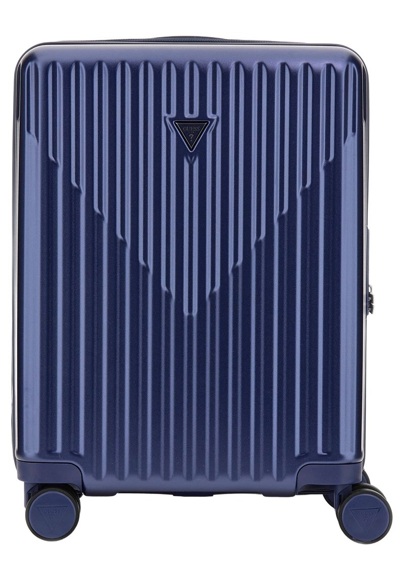 Hartschalentrolley in Marineblau, mit vertikalen Rillen, einem dreieckigen Logo auf der Vorderseite und vier Rädern für gute Mobilität.