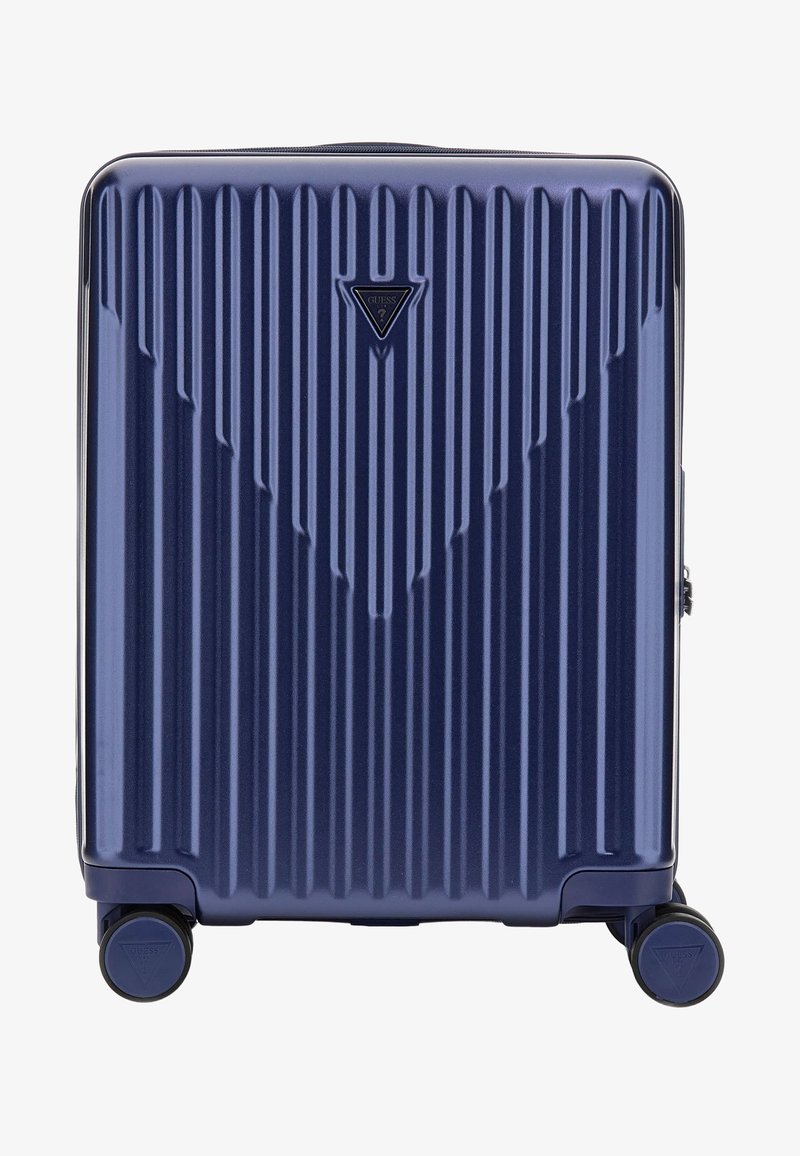 Hartschalentrolley in Marineblau, mit vertikalen Rillen, einem dreieckigen Logo auf der Vorderseite und vier Rädern für gute Mobilität.