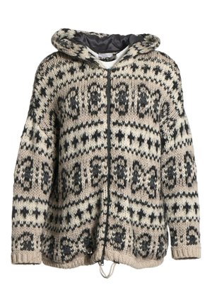 Sudadera con capucha gruesa de punto con cremallera, con patrones geométricos en negro, beige y crema, y un cordón en el dobladillo inferior.