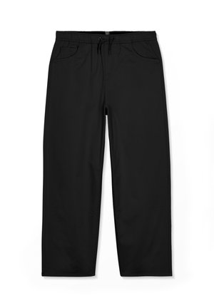 Pantalon noir à jambes droites avec taille élastique et cordon de serrage, poches avant et latérales, présenté à plat sur fond blanc.