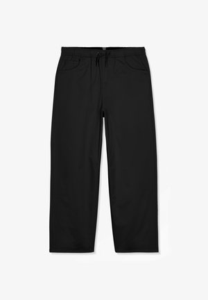 Pantalones negros de pierna recta con cintura elástica y cordón, bolsillos delanteros y laterales, mostrados extendidos sobre fondo blanco.