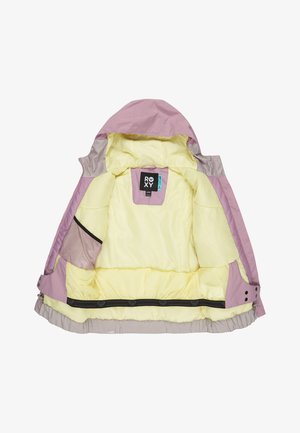 Purple and light beige waterproof jacket with a yellow lining, featuring a hood, black accents, and Roxy branding on the interior.