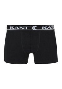 Schwarze Baumwoll-Boxershorts mit einem Logo-Bund. Sie verfügen über ein angepasstes Design und eine glatte Textur für Komfort. Kontrastnahtdetails sind sichtbar.