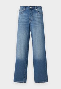 Jean en denim bleu avec jambes droites et larges, effet dégradé du milieu de la cuisse jusqu'à l'ourlet, avec poches avant et fermeture à boutons.