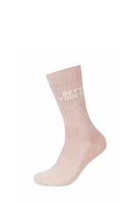 Calzino in cotone rosa chiaro con texture a coste, con la scritta bianca "BETTER TOGETHER" nella parte superiore. Design verticale, lunghezza alla caviglia.