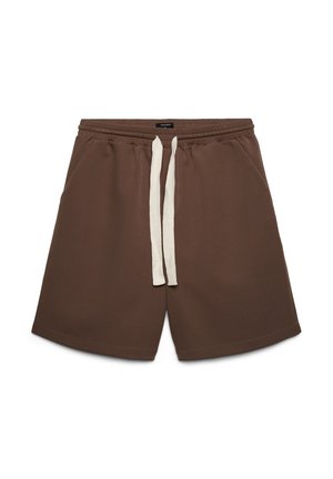 Pantaloncini marroni con vita elastica, caratterizzati da coulisse color crema, texture liscia e design a vestibilità rilassata.