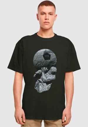 Black cotton t-shirt featuring a graphic of a stone sculpture holding a textured soccer ball with "FCH" etched into it. Short sleeves.