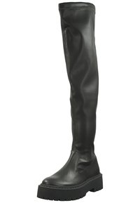 Bottes noires au-dessus du genou en cuir lisse avec une semelle épaisse, présentant un bout rond et un design de tige sans couture.