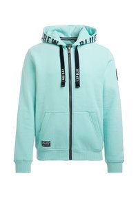 Felpa leggera azzurra con zip e cappuccio regolabile, due tasche frontali, polsini a coste e un'etichetta con logo in basso a sinistra.
