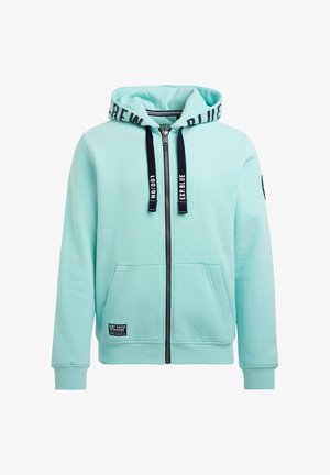 Jasnoniebieska bluza z kapturem na zamek z wiązaniem, z dwoma przednimi kieszeniami, prążkowanymi mankietami oraz łatą z logo w lewym dolnym rogu.