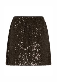 Mini falda de lentejuelas marrón con cintura elástica. Presenta una superficie texturizada creada por numerosas lentejuelas brillantes y reflectantes.