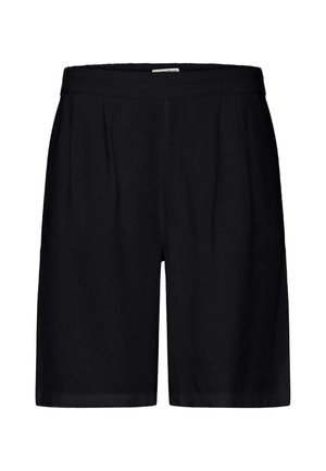 Shorts noirs sur mesure longueur genou avec devant plat et ceinture, conçus pour une coupe décontractée.