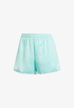 Light blue athletic shorts made of smooth fabric, featuring an elastic waistband and white trim along the hem, with a small logo on the front.