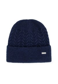 Granatowa dzianinowa czapka typu beanie z prążkowaną fakturą i wzorem warkocza. Posiada podwinięty mankiet i małą metkę marki po boku.