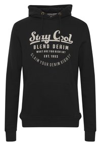 Sudadera negra de mezcla de algodón, con un bolsillo delantero, capucha con cordón y detalles gráficos en blanco en el pecho.