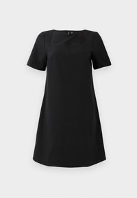 Black short-sleeve dress with a square neckline and subtle V-shaped cutout, smooth texture, A-line silhouette, and knee-length design.