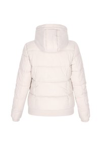 Lys beige polstret jakke med hætte, der har quiltede sektioner, elastiske manchetter og en ribbet kant for en tætsiddende pasform. Bagsiden vises.