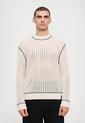 Cream knit sweater with vertical stripes in pastel pink and blue. Features a round neckline and light ribbing at cuffs and hem.