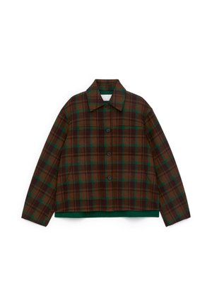 Braun karierte Jacke mit grünen Akzenten, die ein kurzes Design, einen Knopfverschluss und einen Kragen aufweist. Aus strukturiertem Stoff gefertigt.