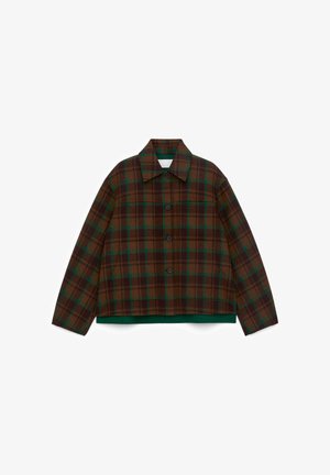 Braun karierte Jacke mit grünen Akzenten, die ein kurzes Design, einen Knopfverschluss und einen Kragen aufweist. Aus strukturiertem Stoff gefertigt.